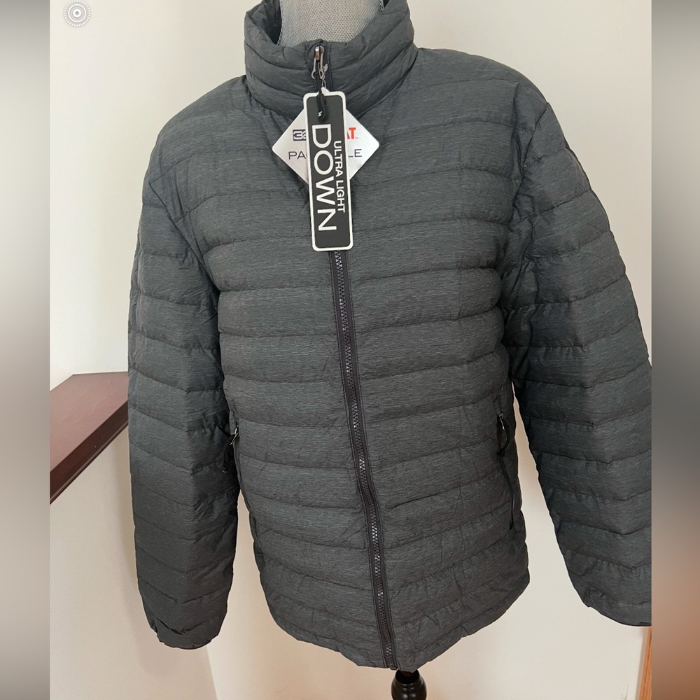 HeatKeep Gray Full Zip Ultra Light Down Puffer Jacket Packable Men's S NWT